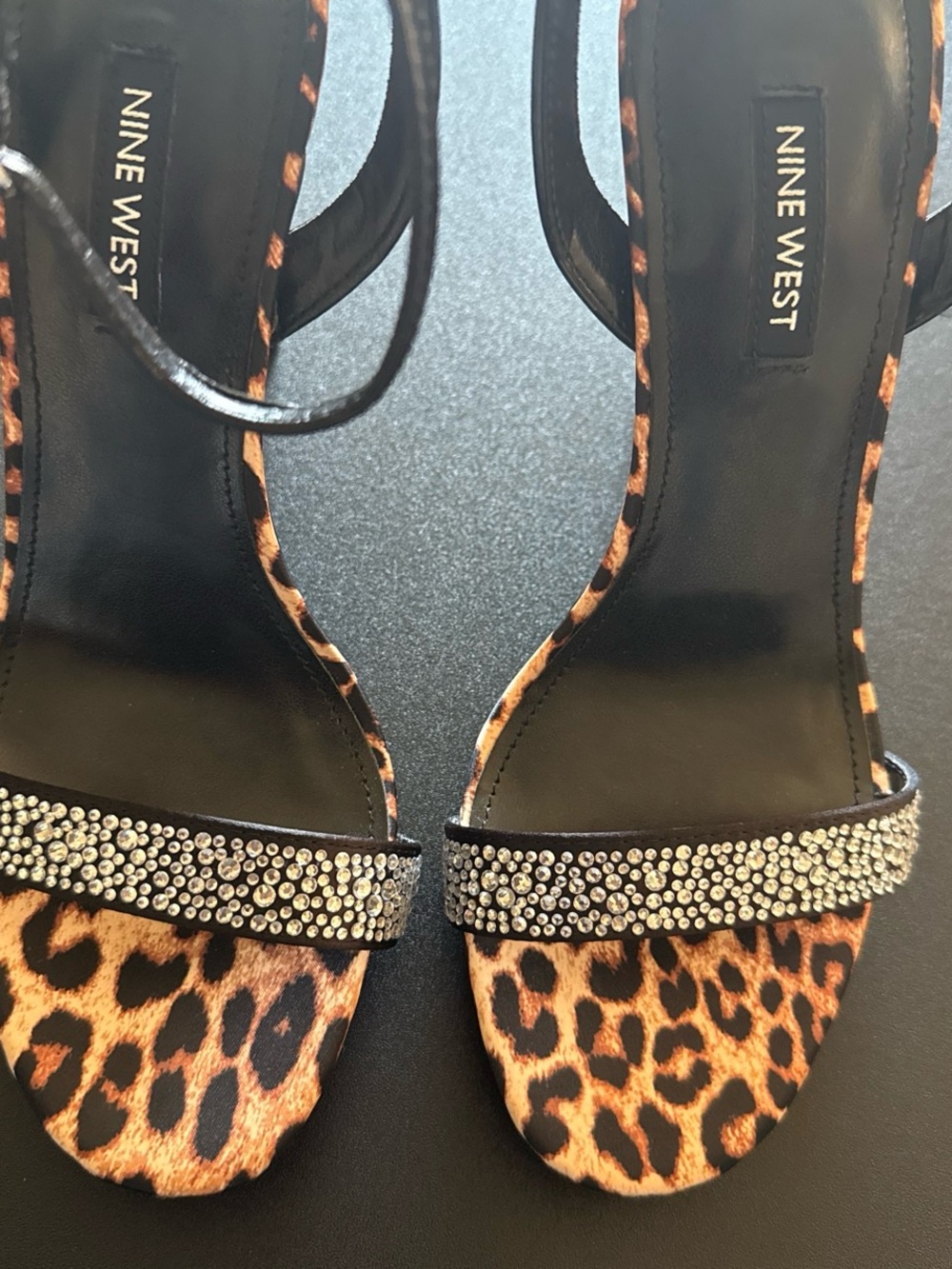 Nine West Leopard Print Heeled Sandals with Rhinestone Strap - Tan/Black